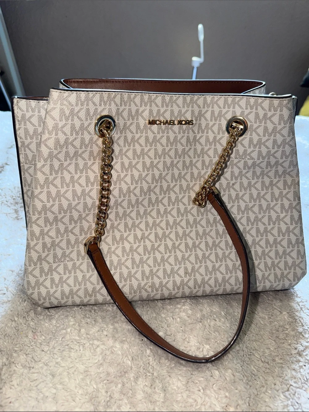 Authentic Michael Kors Beige/Acorn Logo Chain-Handle Tote